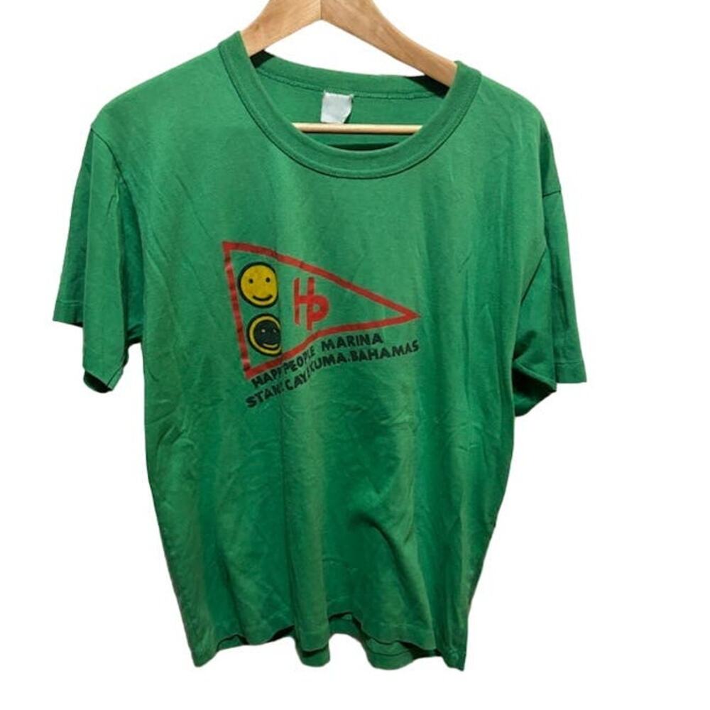 Vintage VTG Single Stitch tee T-shirt green Bahamas smiley face sz L SOFT